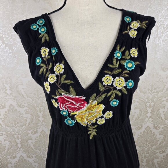 Johnny Was Size Medium Black Double Vneck Floral Embroidered Dress Sleeveless - Picture 2 of 16